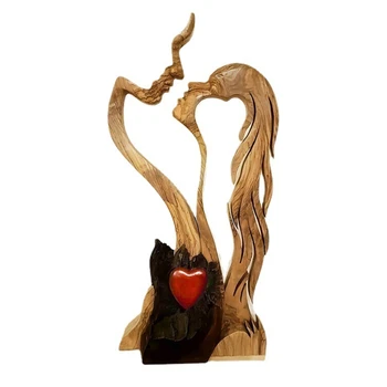 Романтическая статуэтка Влюбленное сердце Целующаяся пара Деревянные фигурки Ремесленная резная скульптура Украшения Абстрактное современное искусство Домашний офис Q84D