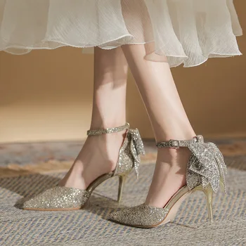 Свадебные туфли Bling Bling 2022 Босоножки Женские туфли на высоком каблуке с острым носком в римском стиле, полые женские туфли-лодочки Bride лат