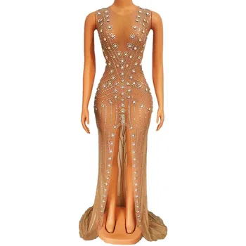 Сексуальное прозрачное сетчатое платье без рукавов со стразами, женское платье для празднования дня рождения, сценический костюм барной певицы