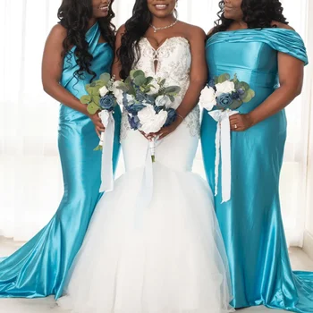 Сексуальные голубые длинные платья подружек невесты со складкой Русалки на одно плечо, длинные платья-футляры для свадебной вечеринки оптом, Robe De Soiree
