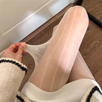 Сексуальные носки Sissy, Японские Сладкие Белые шелковые чулки, Кружевные молочно-белые колготки Lolita, Женские Сексуальные Черные чулки с открытой промежностью.