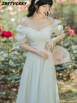 Сексуальные французские винтажные белые платья с вырезом лодочкой, женские Роскошные Модные бретельки-спагетти с бисером, Летнее элегантное тонкое платье 2022