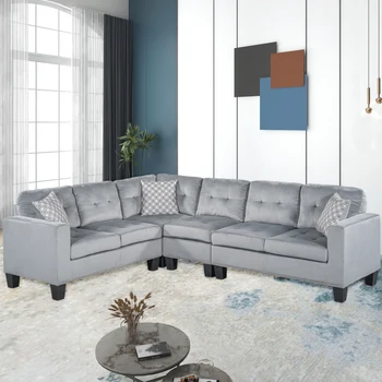Секционный диван с 3 подушками, обитый современным элегантным бархатом для гостиной Серый