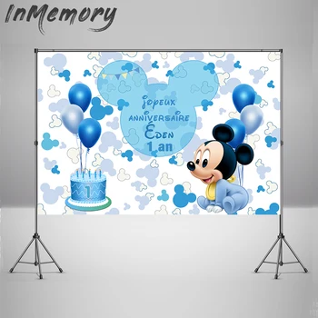 Синий фон для дня рождения Микки Мауса, белый фон с головой Микки Мауса для 1-го дня рождения, виниловый детский душ для мальчика