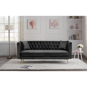 Современный диван для гостиной с плоским подлокотником, черный трехместный диван с двумя подушками, черный бархат [на складе в США]