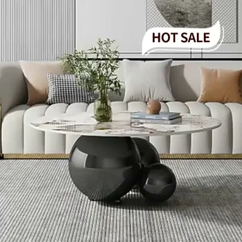 Современный Простой Круглый чайный столик из яркой каменной плиты с минималистичной бытовой сеткой из нержавеющей стали Red Ball Tea Table