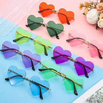 Солнцезащитные очки в форме сердца без оправы, металлические солнцезащитные очки для женщин, модные очки в форме сердца, модные очки в стиле хиппи для вечеринки
