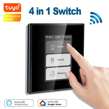 Умный выключатель света Tuya Wifi LCD, переключатель штор, монитор энергопотребления 4 В 1, умное приложение, голосовое дистанционное управление, Работа с Alexa Google Home
