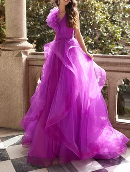 Фиолетовое вечернее платье для выпускного вечера трапециевидной формы 2023 без рукавов с V-образным вырезом и оборками, тюлевые женские вечерние платья для дня рождения, Robe De Soiree
