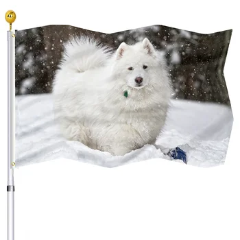 Флаг Самоедской Собаки Снег Зимой Полиэфирные Флаги для Дома, Внутреннего Двора, Наружного Декора, Латунные Люверсы, Флаг, Милый Декоративный Флаг Для Домашних Животных