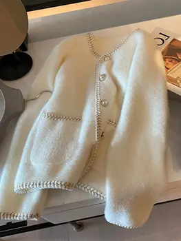 Французский свитер с мелким ароматом и жемчужными пуговицами, кардиган, женский топ, вязаная куртка из нежного флиса норки