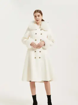 Французское ретро теплое пальто 2023 Зимняя двубортная узкая юбка с лисьим воротником и манжетами, двустороннее шерстяное пальто