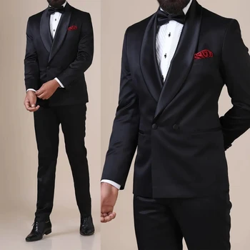 Черные атласные свадебные смокинги Мужские костюмы Гламурные формальные Классические Формальные двубортные Пиджак и брюки для вечеринки жениха по индивидуальному заказу