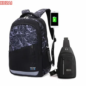 Школьный рюкзак KUZAI для мальчика, сумка на плечо, нагрудная сумка, мужские школьные сумки, мужская сумка для зарядки через USB, рюкзак для ноутбука в колледже