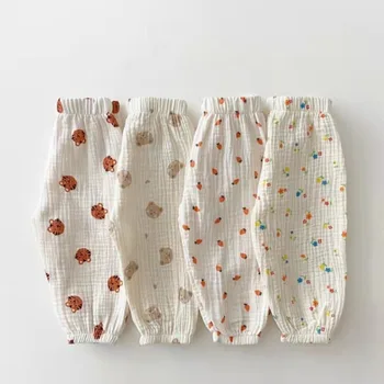 Штаны для младенцев, Новая весенняя одежда для маленьких девочек, двухслойные газовые шаровары с рисунком Мультяшного Медведя, повседневные брюки для малышей