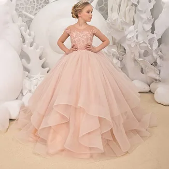 Элегантное бальное платье Нежно-розового цвета Для девочек В цветочек, Свадебные Платья Принцессы С кружевными аппликациями, Длинные платья для Первого Причастия