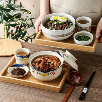 Японская керамическая миска для рамена, креативный набор посуды на одну персону, чашки и тарелки, миска для супа и риса с подносом и крышкой для ресторана