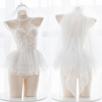 Японский ангел-балерина, кружевной прозрачный комплект нижнего белья, сексуальное свадебное короткое платье Lolita Cospaly, сетчатый белый комплект нижнего белья
